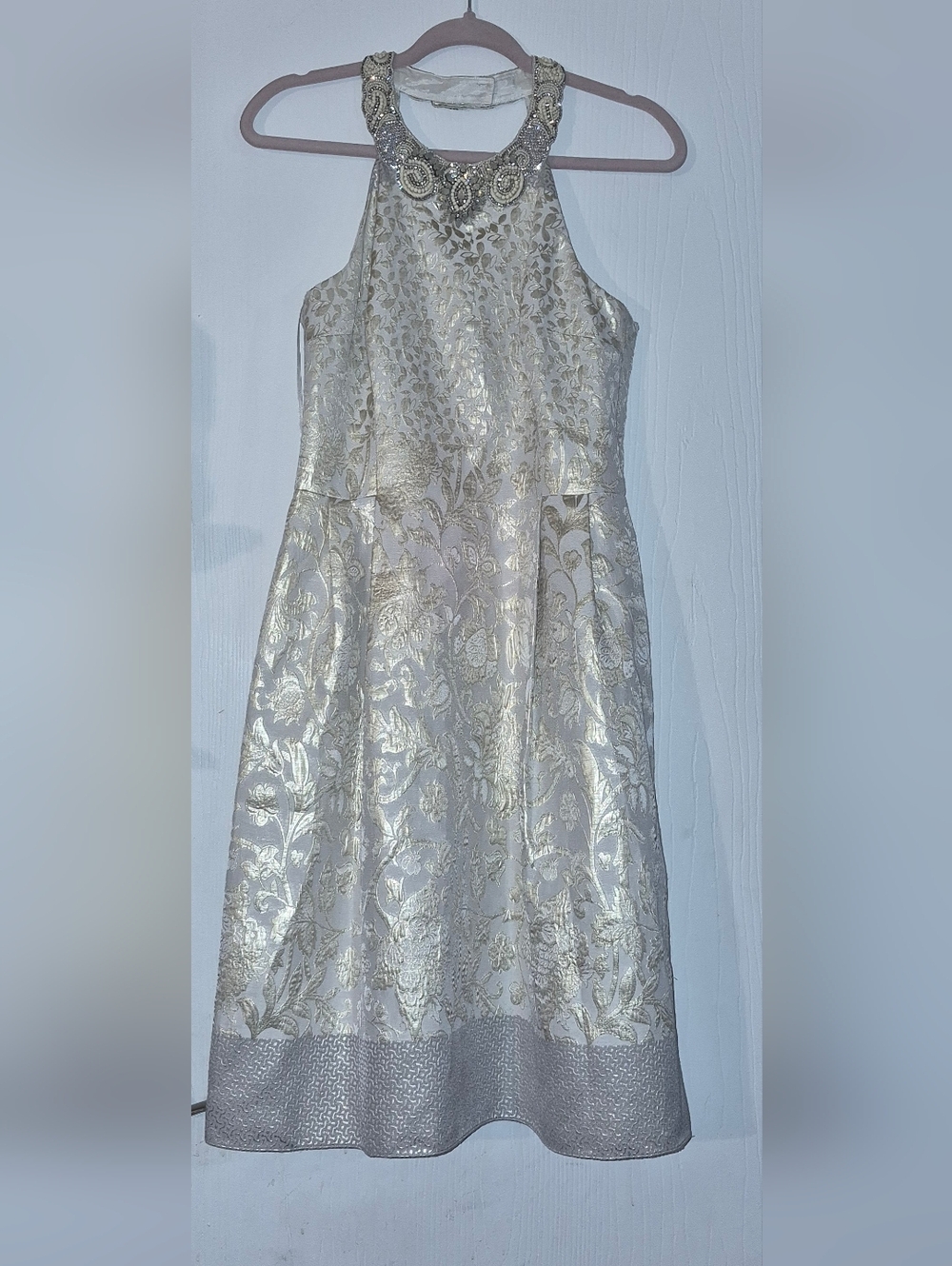 Teri Jon Metallic Floral Halter Midi Dress - Cream & Gold